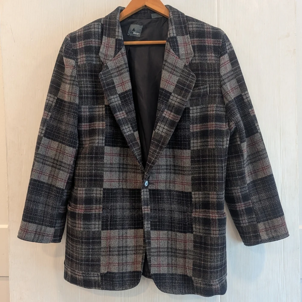 LIZ WEAR Navy & Gray Plaid Wool Blend Blazer Jacket Size 12
